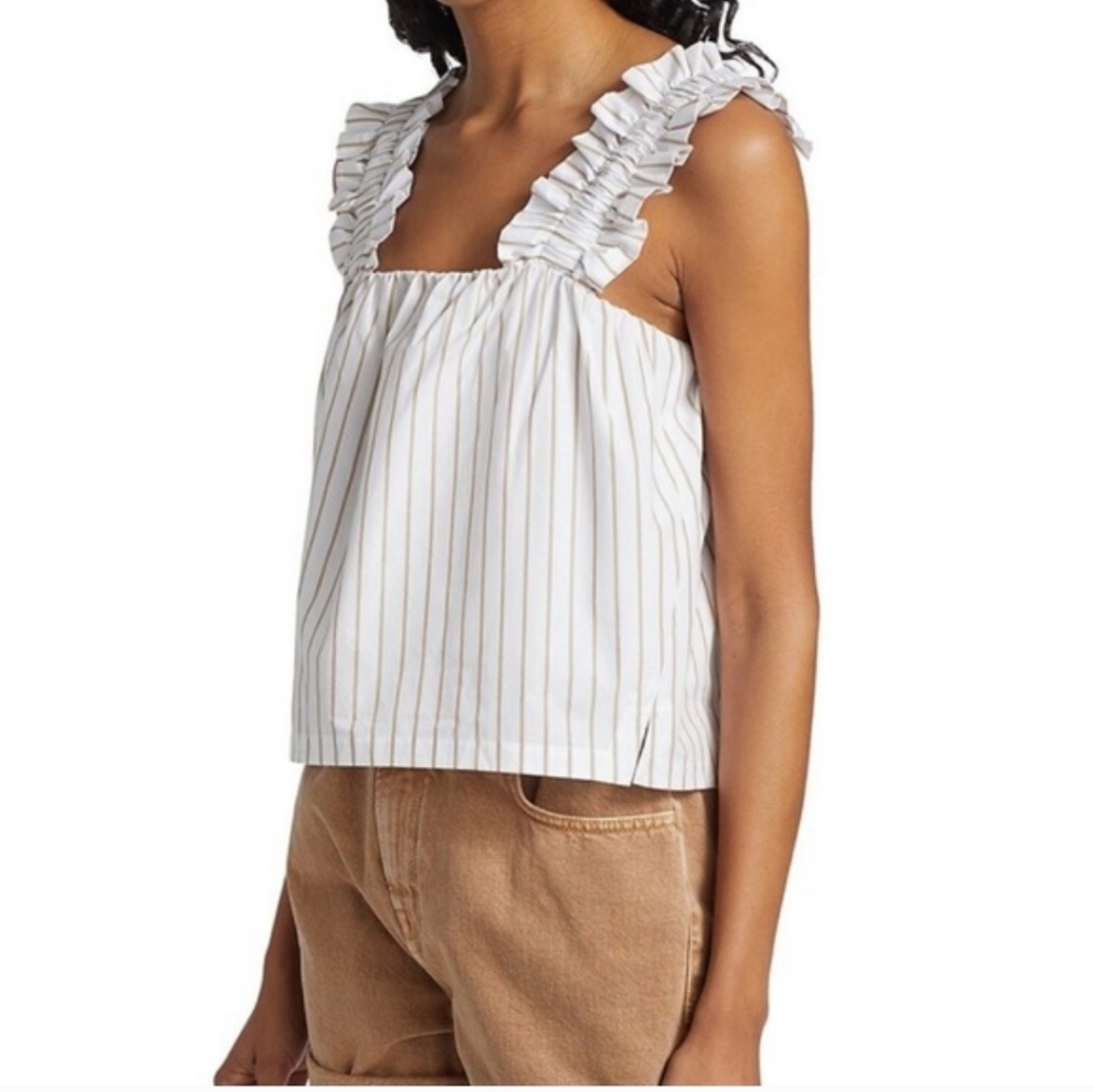 Frame Denim White & Tan Striped Ruffle Blouse, Size M